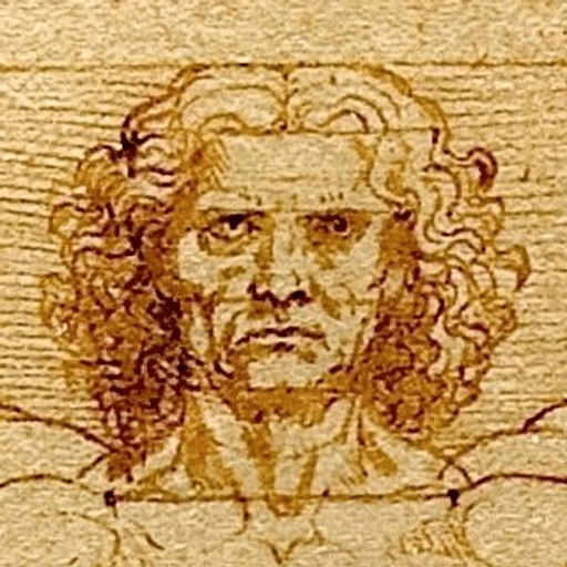 Sepia study of a man's head from Leonardo da Vinci's Vitruvian Man — the Milton EP mark